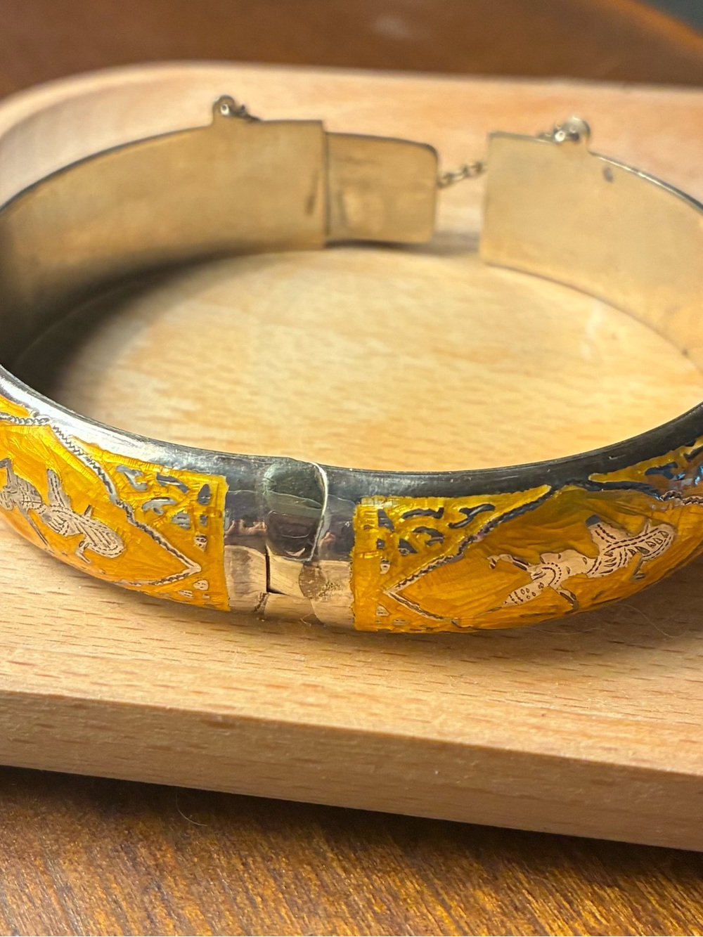 Antique Siam Sterling Silver Hinged Bracelet with Gold Enamel Panels